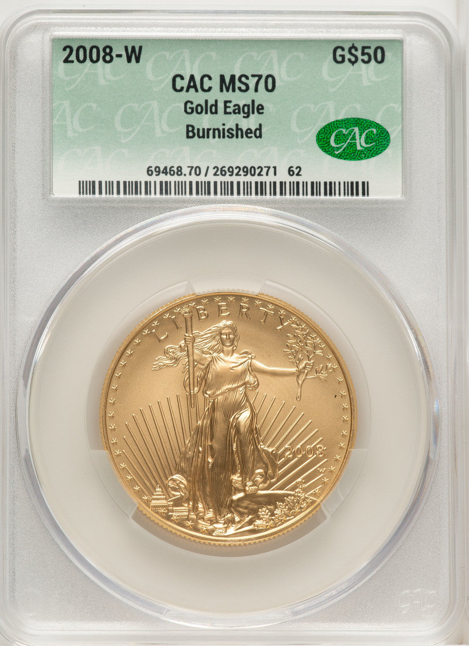 2008-W $50 One-Ounce Gold Eagle Burnished Gold Foil CACG SP70