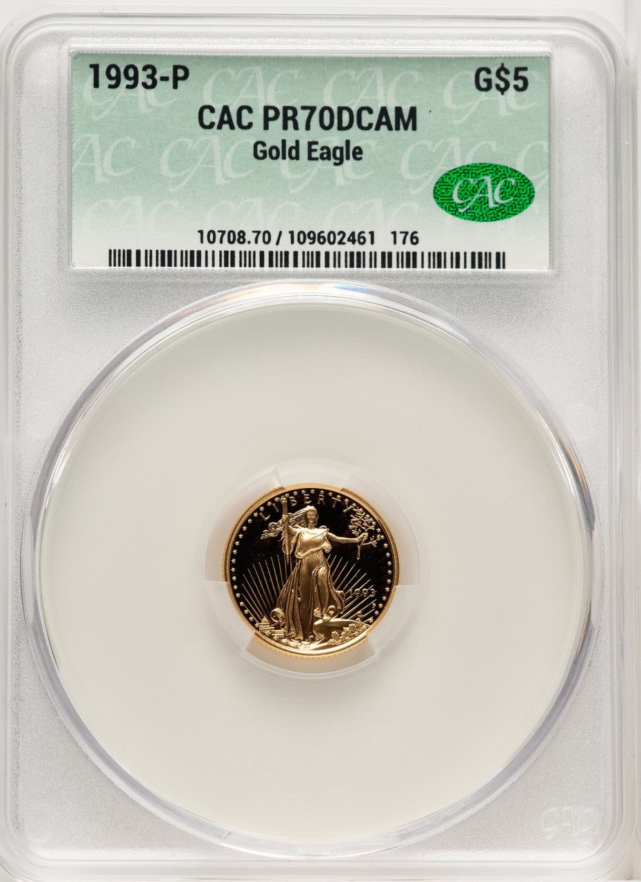 1993-P $5 Tenth-Ounce Gold Eagle Brown Label CACG PR70