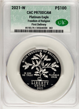 2021-W $100 One-Ounce Platinum Eagle Freedom of Religion First Day Of Delivery CACG PR70