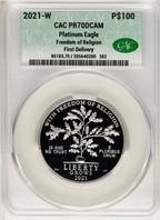 2021-W $100 One-Ounce Platinum Eagle Freedom of Religion First Day Of Delivery CACG PR70