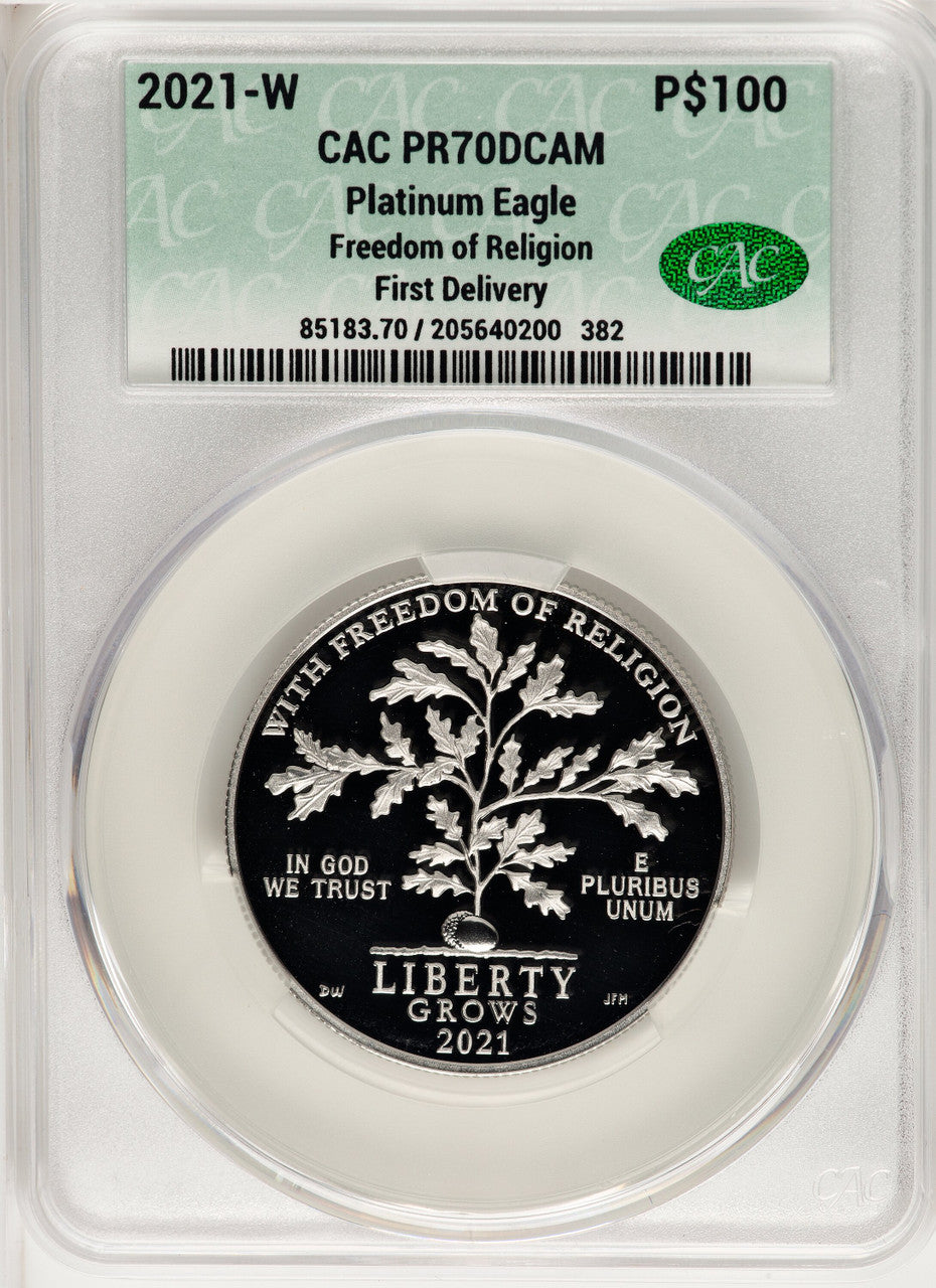 2021-W $100 One-Ounce Platinum Eagle Freedom of Religion First Day Of Delivery CACG PR70