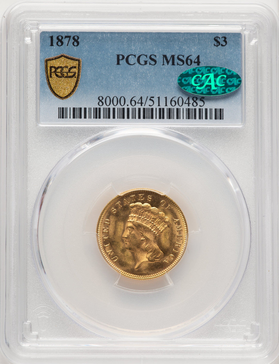 1878 $3 CAC Three Dollar Gold Pieces PCGS MS64 (769587006)