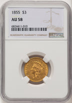 1855 $3 Three Dollar Gold Pieces NGC AU58