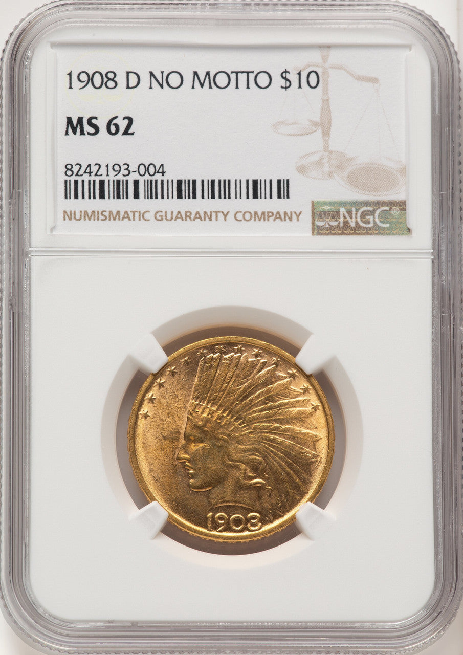 1908-D $10 NO MOTTO Indian Eagle NGC MS62 (506912004)