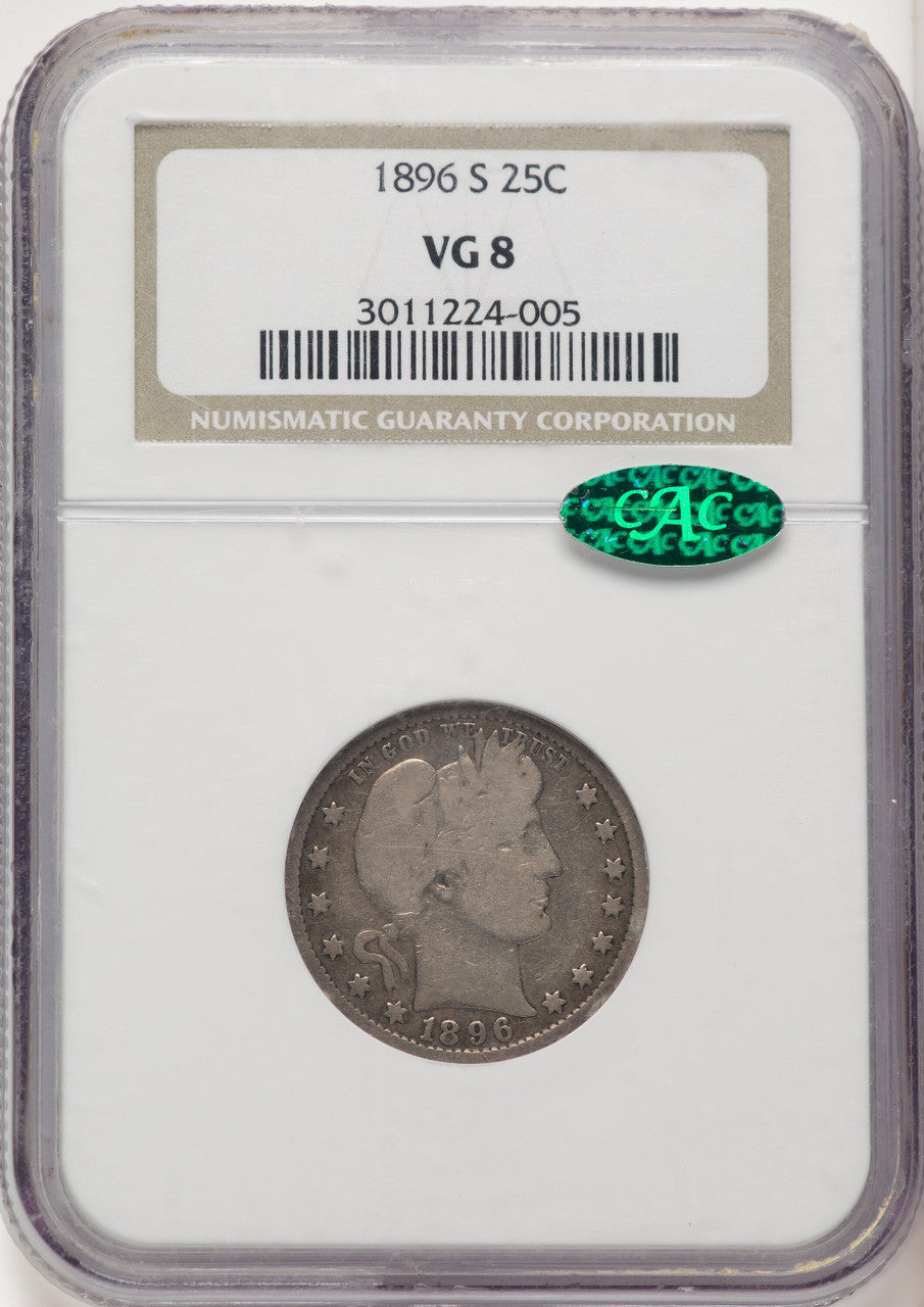 1896-S 25C CAC Barber Quarter NGC VG8