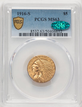 1916-S $5 CAC Indian Half Eagle PCGS MS63
