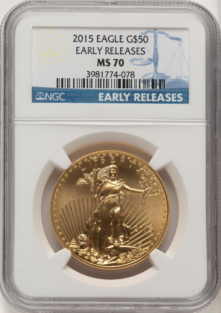 2015 $50 One-Ounce Gold Eagle ER Blue NGC MS70