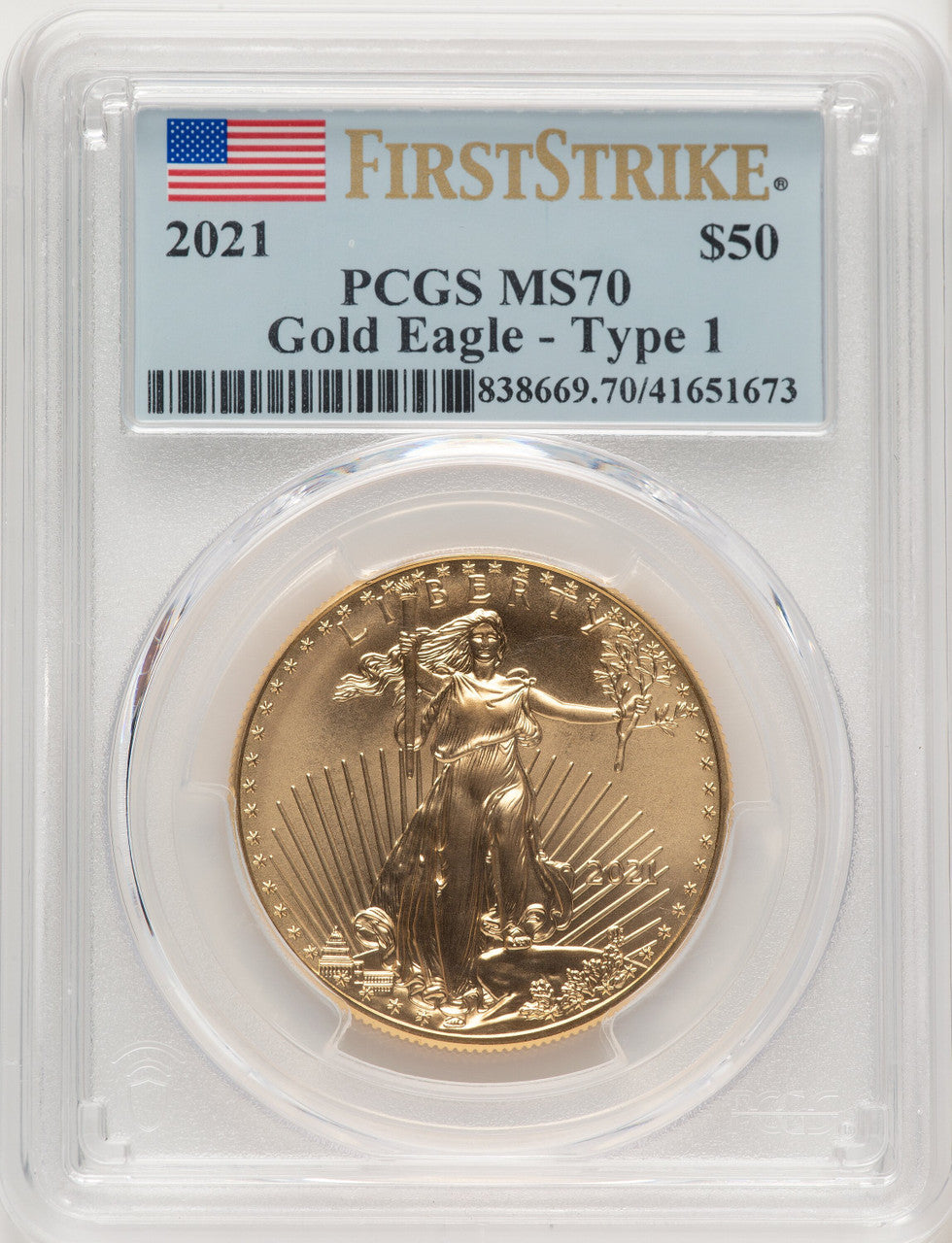 2021 $50 One-Ounce Gold Eagle Type One First Strike FS Flag PCGS MS70