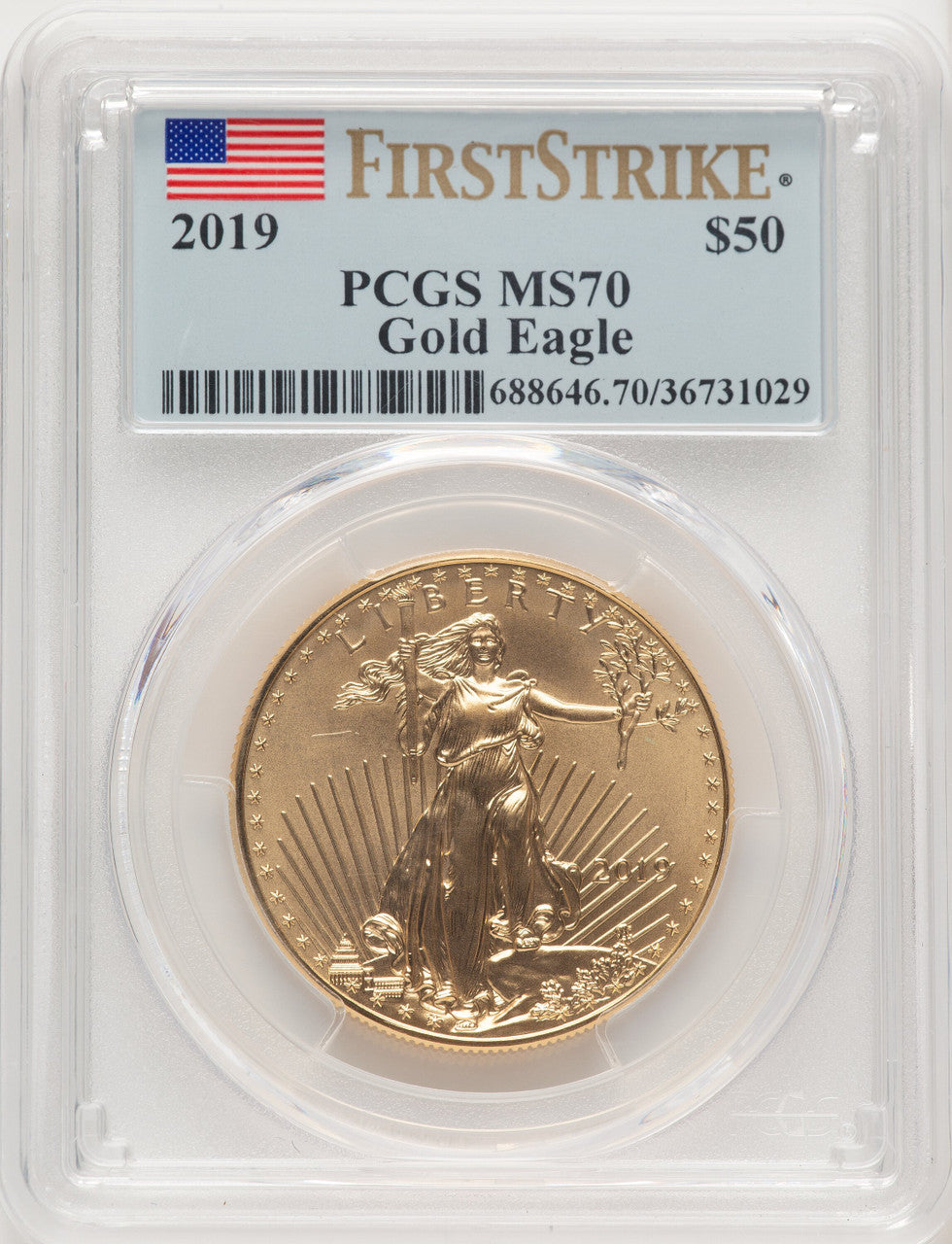 2019 $50 One Ounce Gold Eagle First Strike FS Flag PCGS MS70