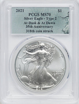 2021 American Silver Eagle Type 2 At Dusk & Dawn 35th Anniversary 318th PCGS MS70