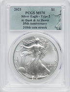 2021 American Silver Eagle Type 2 At Dusk & Dawn 35th Anniversary 318th PCGS MS70