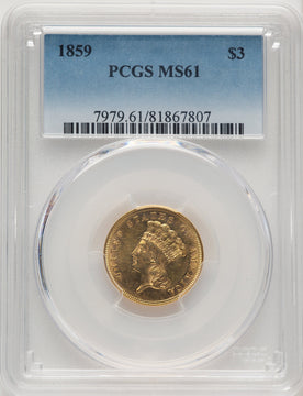 1859 $3 Three Dollar Gold Pieces PCGS MS61