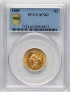 1855 $3 Three Dollar Gold Pieces PCGS MS62