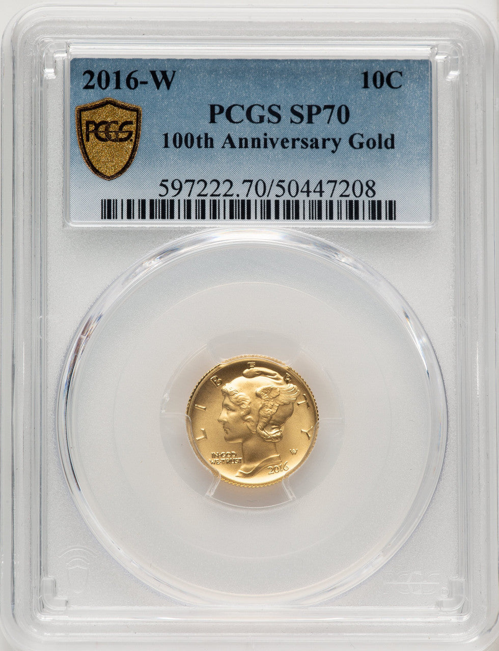 2016-W 10C Mercury Dime 100th Anniversary Gold Centennial Blue Gradient Modern Commemoratives PCGS MS70