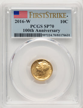 2016-W 10C Mercury Dime 100th Anniversary Gold Centennial FS Flag PCGS MS70