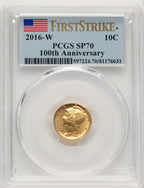 2016-W 10C Mercury Dime 100th Anniversary Gold Centennial FS Flag PCGS MS70