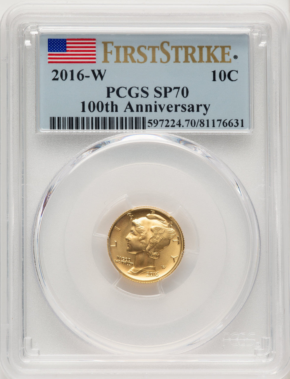 2016-W 10C Mercury Dime 100th Anniversary Gold Centennial FS Flag PCGS MS70