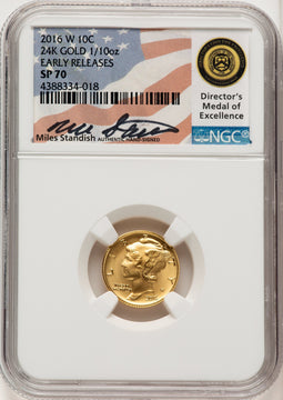 2016-W 10C Mercury Dime 100th Anniversary Gold Centennial ER Miles Standish NGC MS70