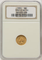 1855 G$1 Type Two Gold Dollar NGC AU50