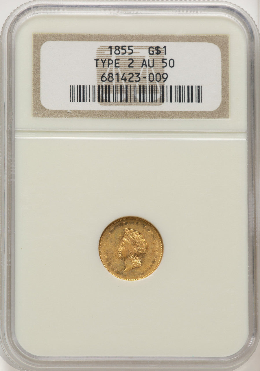 1855 G$1 Type Two Gold Dollar NGC AU50