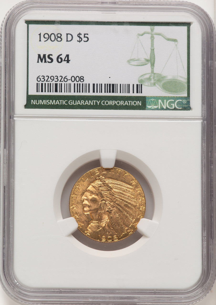 1908-D $5 Green Label Indian Half Eagle NGC MS64 (774667022)