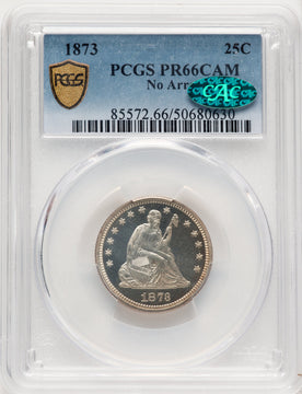 1873 25C No Arrows CA CAC Proof Seated Quarter PCGS PR66