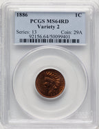 1886 1C Type Two RD Indian Cent PCGS MS64