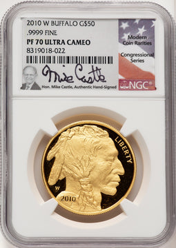 2010-W $50 One-Ounce Gold Buffalo .9999 Fine Gold Mike Castle Congressional Series NGC PF70