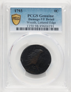 1793 Wreath 1C Lettered Edge BN Genuine Large Cent Genuine PCGS VF20