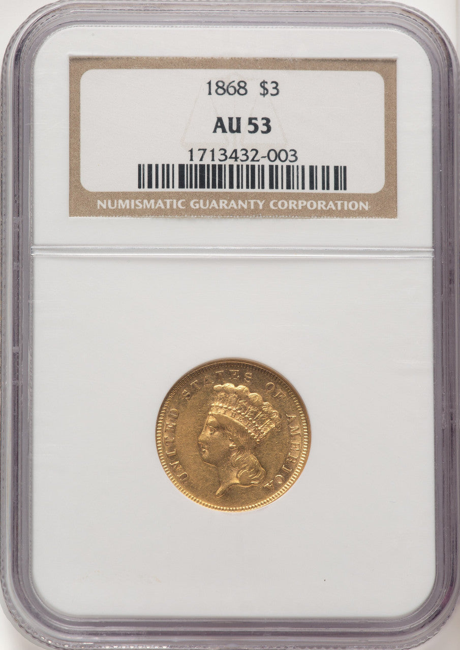 1868 $3 Three Dollar Gold Pieces NGC AU53