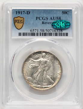 1917-D 50C REVERSE CAC Walking Liberty Half Dollar PCGS AU58
