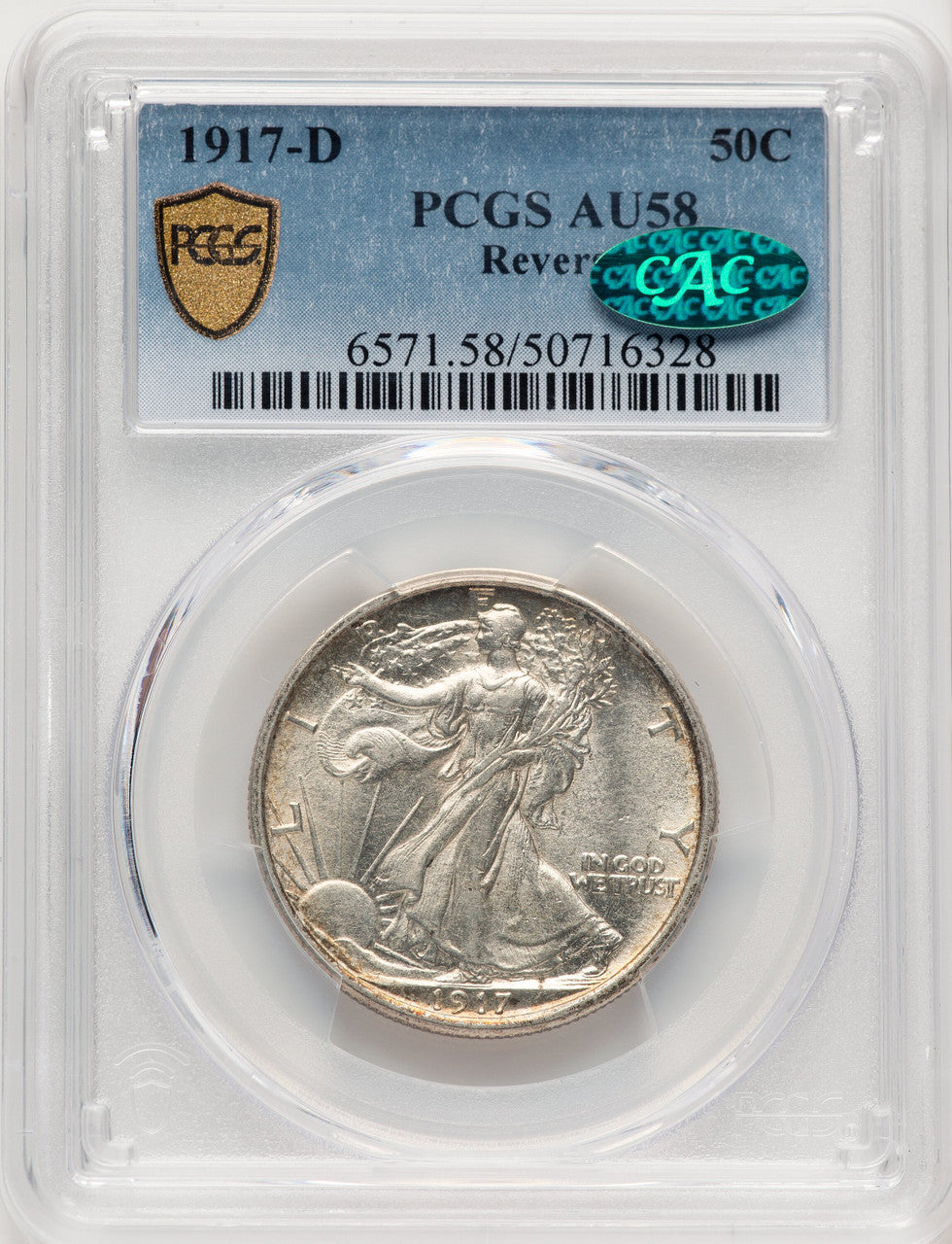 1917-D 50C REVERSE CAC Walking Liberty Half Dollar PCGS AU58