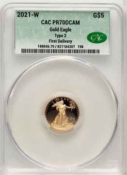 2021-W $5 Tenth Ounce Gold Eagle Type Two First Delivery CACG PR70