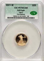 2021-W $5 Tenth Ounce Gold Eagle Type Two First Delivery CACG PR70
