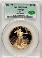 2021-W $50 One Ounce Gold Eagle Type One First Delivery CACG PR70