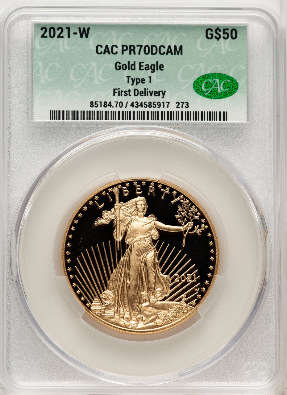 2021-W $50 One Ounce Gold Eagle Type One First Delivery CACG PR70