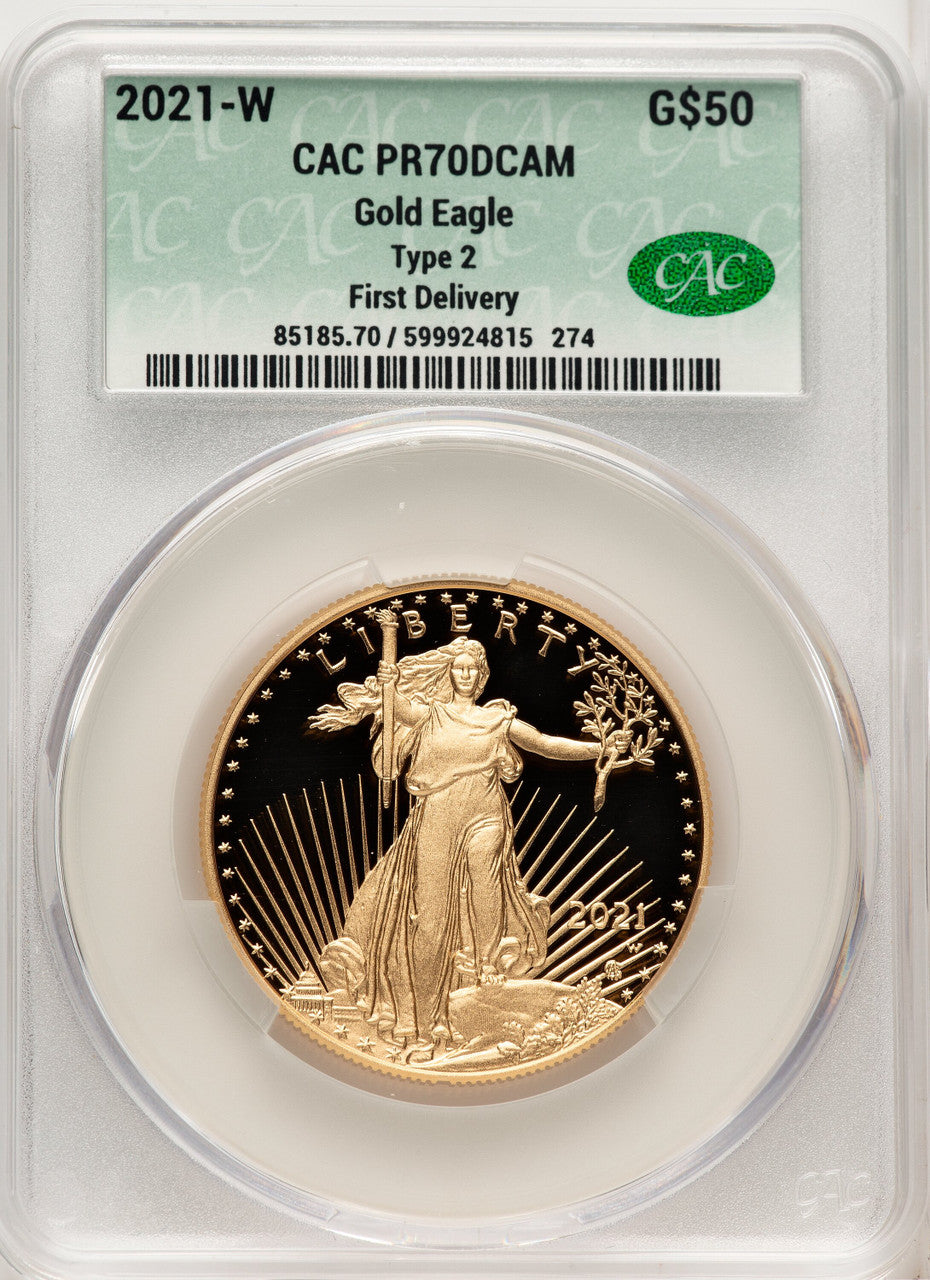 2021-W G$50 One Ounce Gold Eagle Type Two First Day Of Delivery CACG PR70