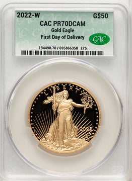 2022-W G$50 One Ounce Gold Eagle First Day Of Delivery CACG PR70