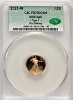 2021-W $5 Tenth Ounce Gold Eagle Type One First Delivery CACG PR70