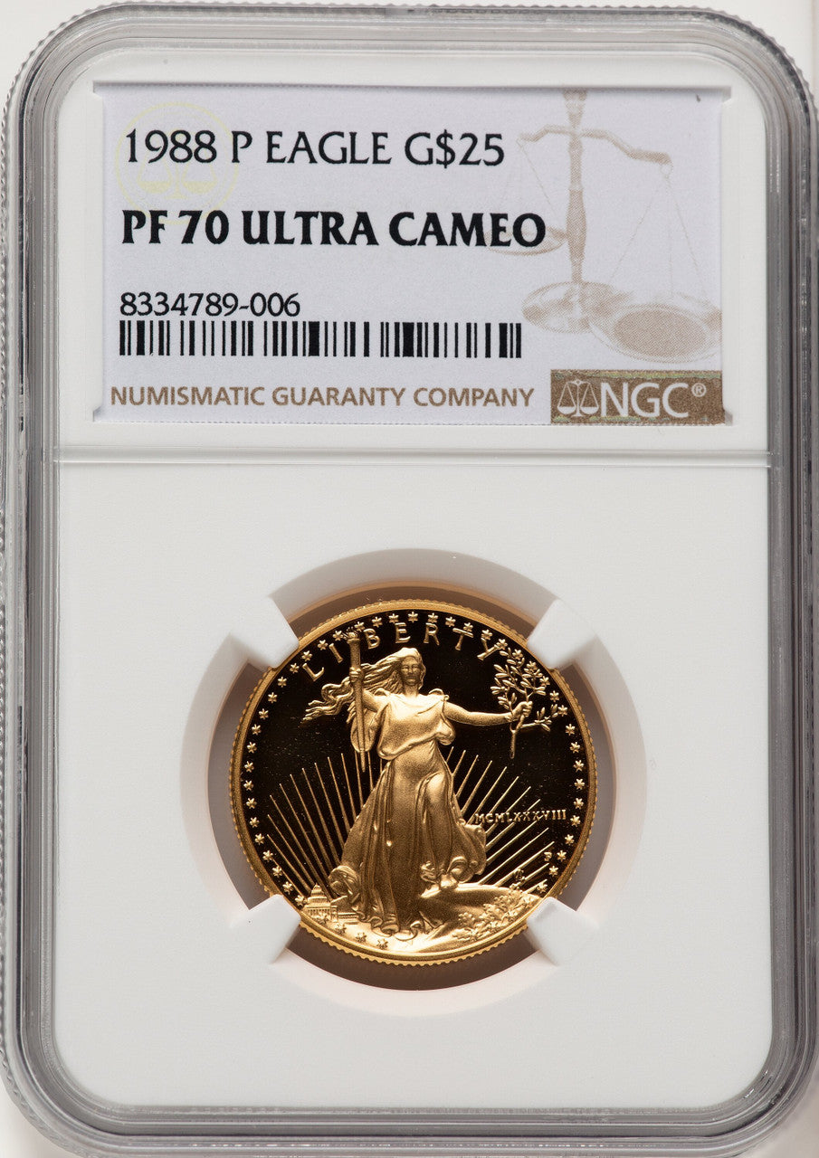 1988-P $25 Half- Ounce Gold Eagle Brown Label NGC PF70 (774348013)