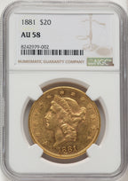 1881 $20 Liberty Double Eagle NGC AU58