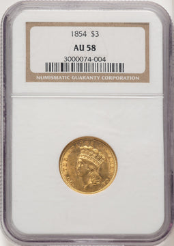 1854 $3 Three Dollar Gold Pieces NGC AU58 (774768003)