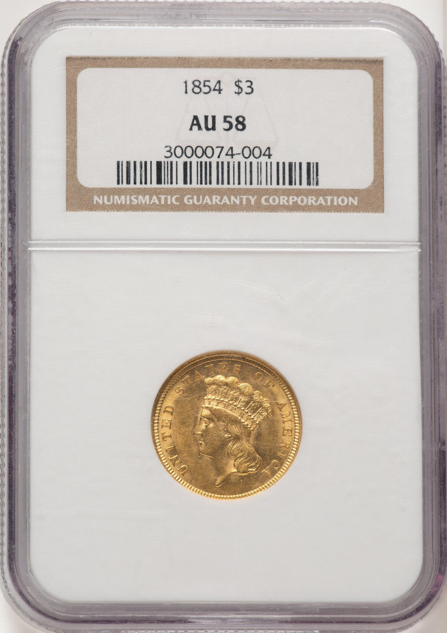 1854 $3 Three Dollar Gold Pieces NGC AU58 (774768003)