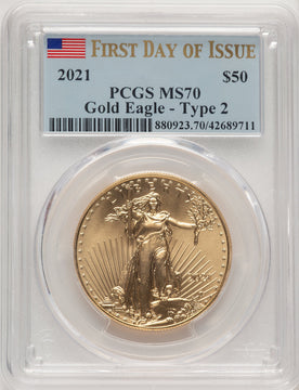 2021 One-Ounce Gold Eagle Type Two First Day of Issue FDI Flag PCGS MS70