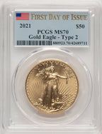 2021 One-Ounce Gold Eagle Type Two First Day of Issue FDI Flag PCGS MS70