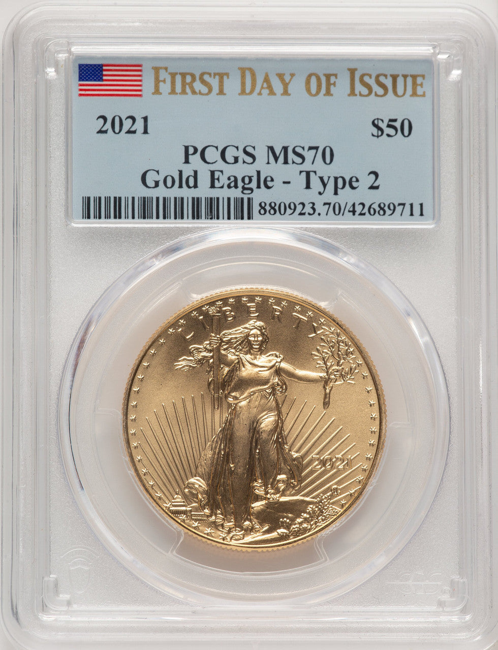 2021 One-Ounce Gold Eagle Type Two First Day of Issue FDI Flag PCGS MS70