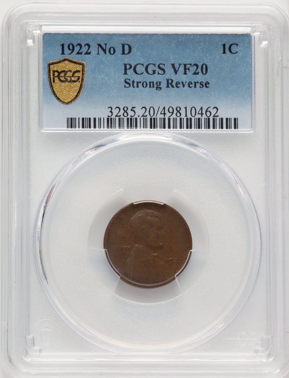 1922 No D Strong Reverse BN Lincoln Cent PCGS VF20