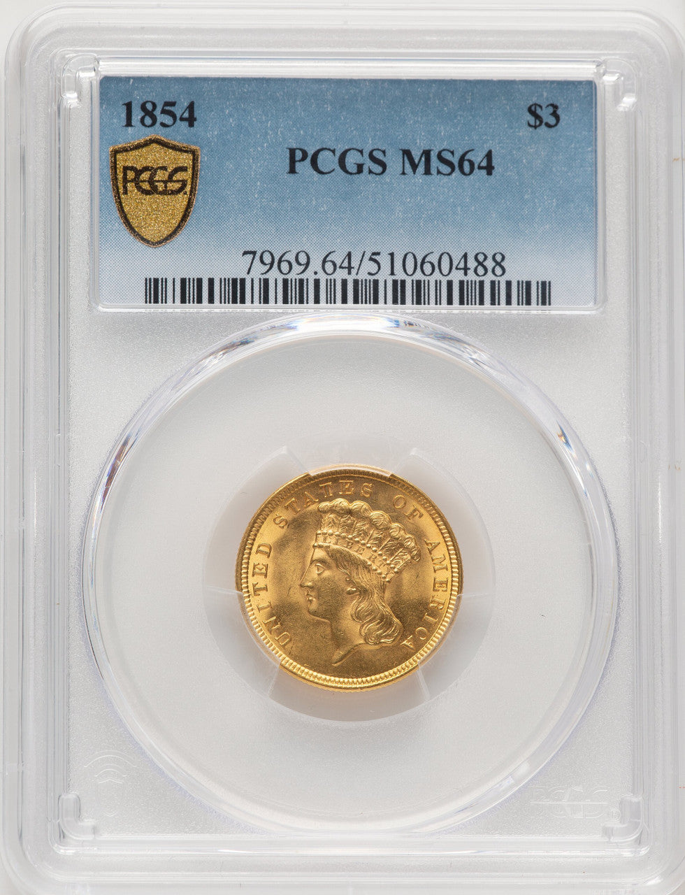 1854 $3 Three Dollar Gold Pieces PCGS MS64