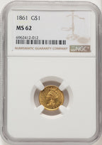 1861 G$1 Gold Dollar NGC MS62 (774686002)