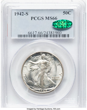 1942-S 50C CAC Walking Liberty Half Dollar PCGS MS66
